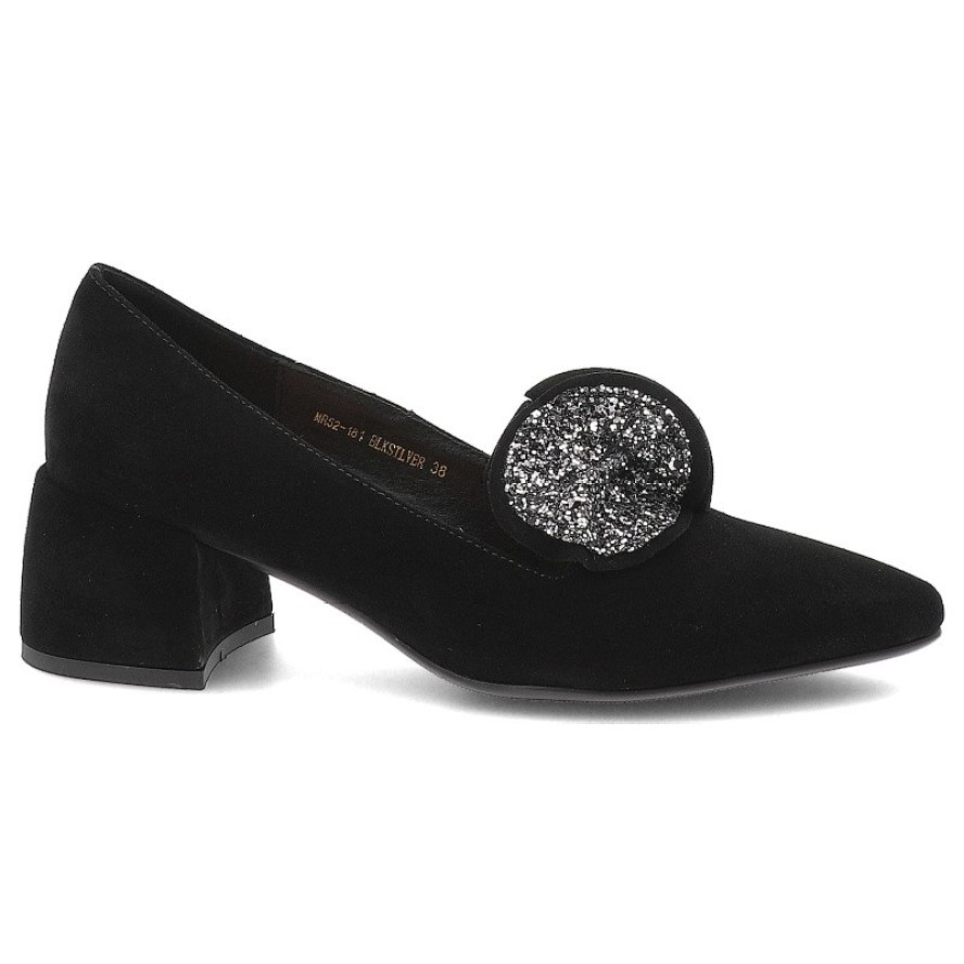 Czółenka damskie S. Barski, na klocku zamszowe z ozdobą i noskiem w szpic, czarne-srebrne, MR52-181