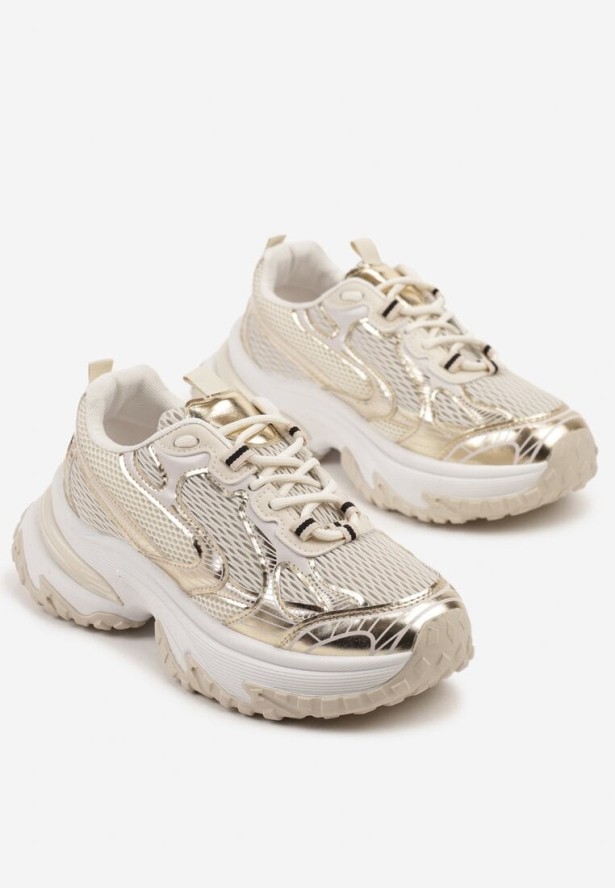 Złote Sneakersy na Grubej Podeszwie Ozdobione Geometrycznym Motywem Mevillia