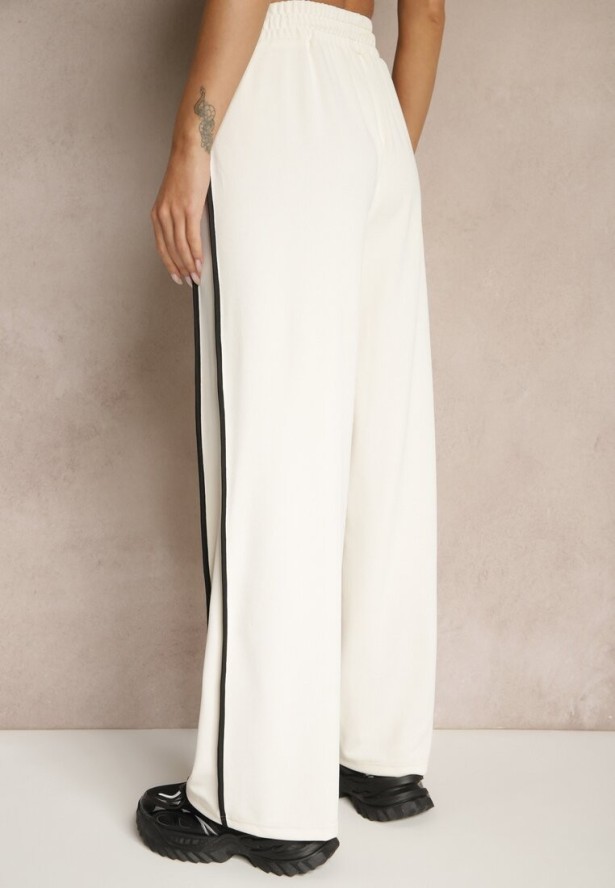 Jasnobeżowe Szerokie Spodnie Dresowe High Waist Zdobione Lampasami Sopaline