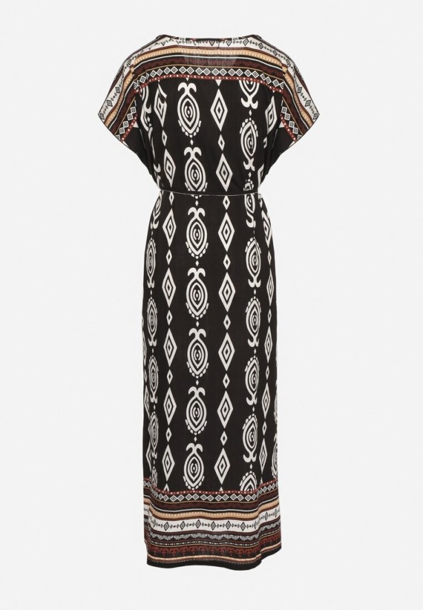 Czarna Pudełkowa Sukienka z Wiskozy w Etniczny Wzór Mirosela