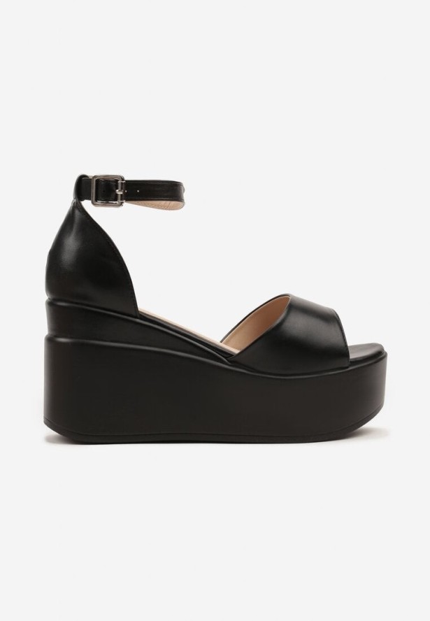 Czarne Sandały na Koturnie z Paskiem Wokół Kostki Paloria