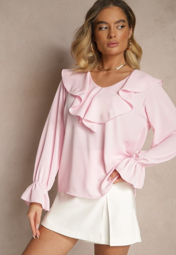 Różowa Bluzka Ozdobiona Falbanką Tananissa