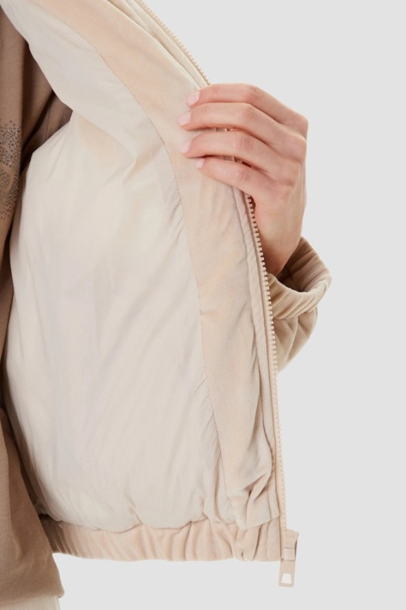 GUESS Beżowa zamszowa damska kurtka Couture Puffer, Rozmiar L