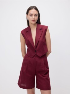 Bermudy w kant z dodatkiem lnu - burgundowy