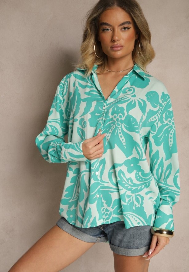 Niebieska Koszula Oversize w Kwiatowy Print Boinea