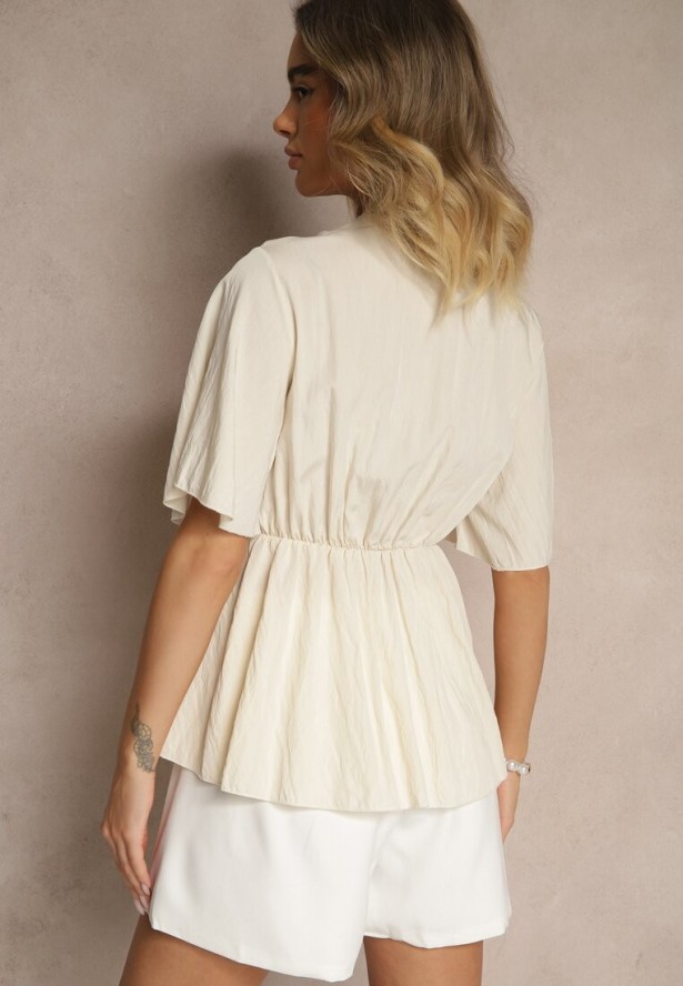 Jasnobeżowa Bluzka z Wiskozą Kopertowym Dekoltem i Ozdobnym Supełkiem Lioriva