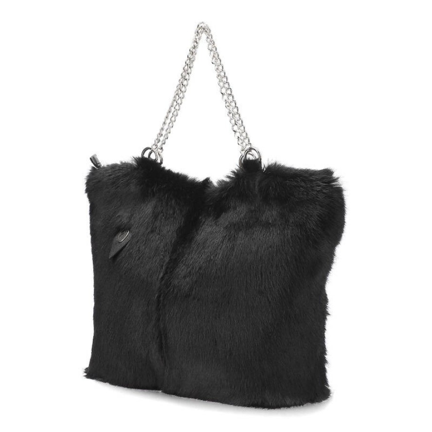 Czarna Torebka Damska Luka-Pelli Z Naturalnym Futrem Z Królika