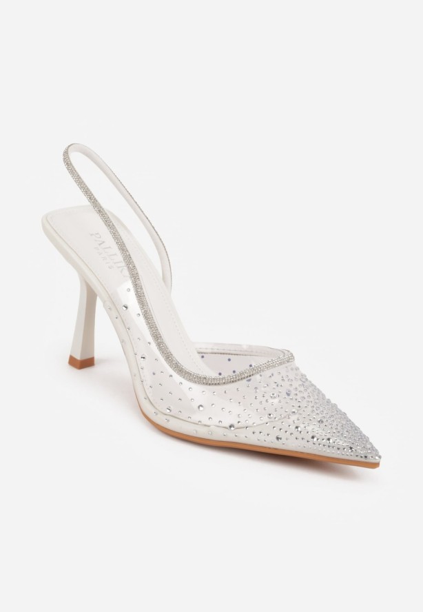 Białe Szpilki Slingback z Transparentną Cholewką i Cyrkoniami Liaceran