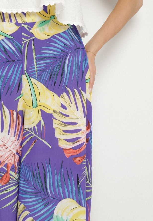 Niebieskie Szerokie Wiskozowe Spodnie z Wysokim Stanem w Liście Senithiela