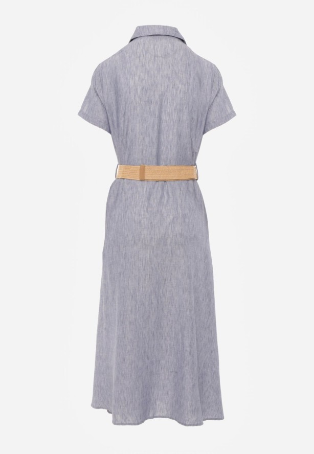 Niebieska Sukienka Koszulowa z Krótkim Rękawem i Paskiem z Klamrą Orethea