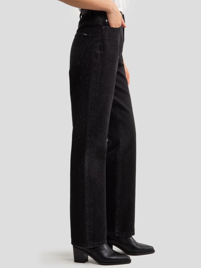 Jeansy damskie z prostą nogawką z cyrkoniami czarne Jade 925