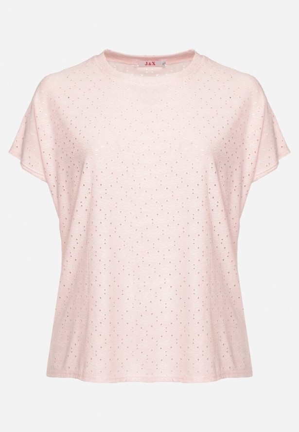 Różowy T-shirt z Bawełną i Ażurowym Wzorem Puzira