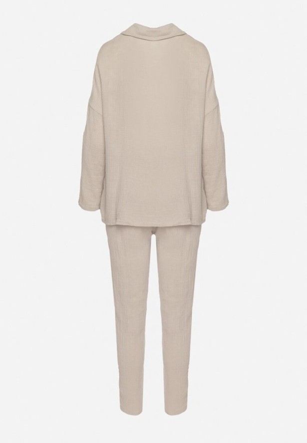 Beżowy Bawełniany Komplet Muślinowy Koszula z Regulowanymi Rękawami i Spodnie Janilene