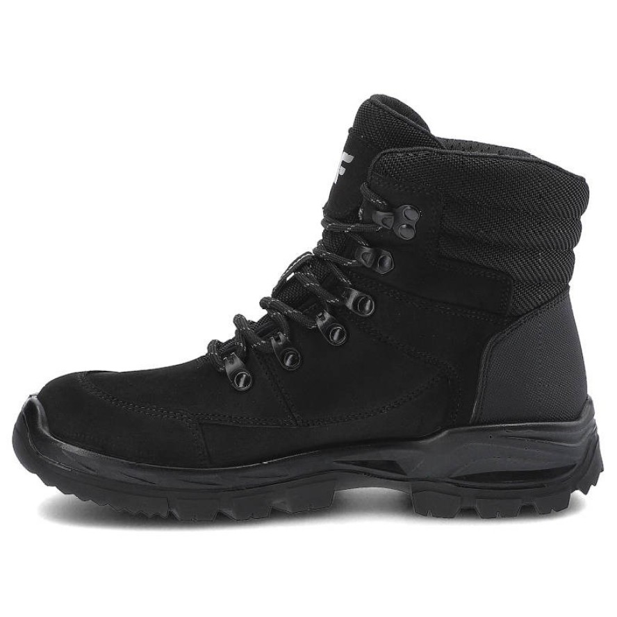 Trekkingi unisex 4F, skóra naturalna nubuk z tekstylnymi wstawkami sznurowanie z metalowymi haczykami oraz gruba amortyzowana podeszwa, czarne, H4Z21