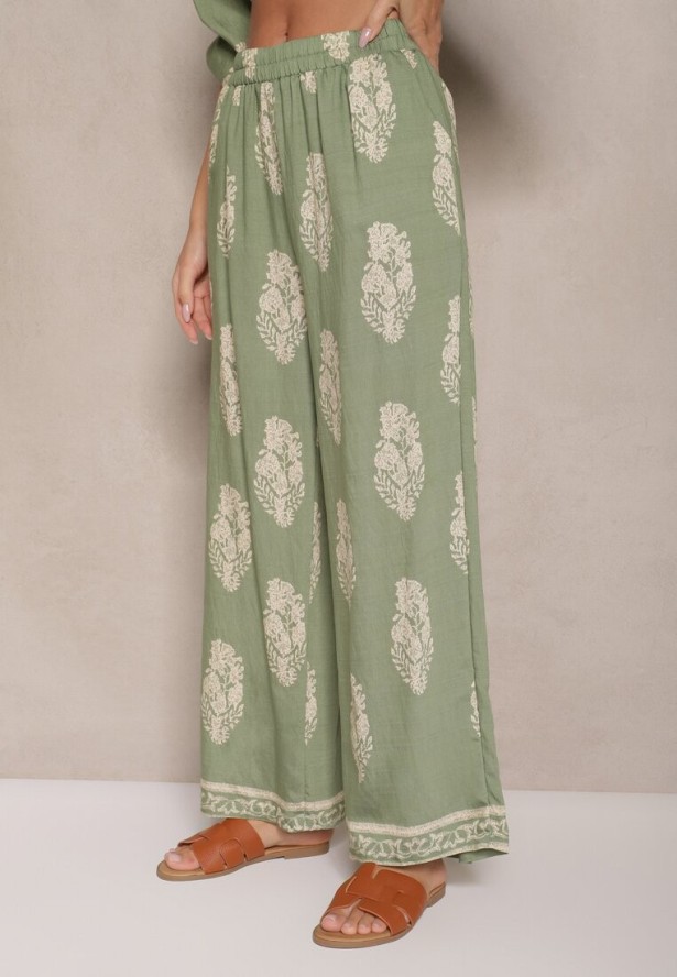 Zielony Komplet Oversize w Stylu Rustykalnym Długa Koszula i Szerokie Spodnie Mepilara