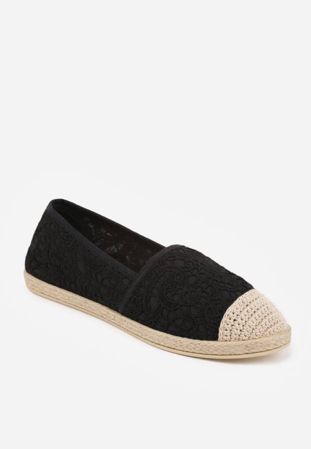 Czarne Espadryle z Koronkową Cholewką i Podeszwą z Plecionki Marilex