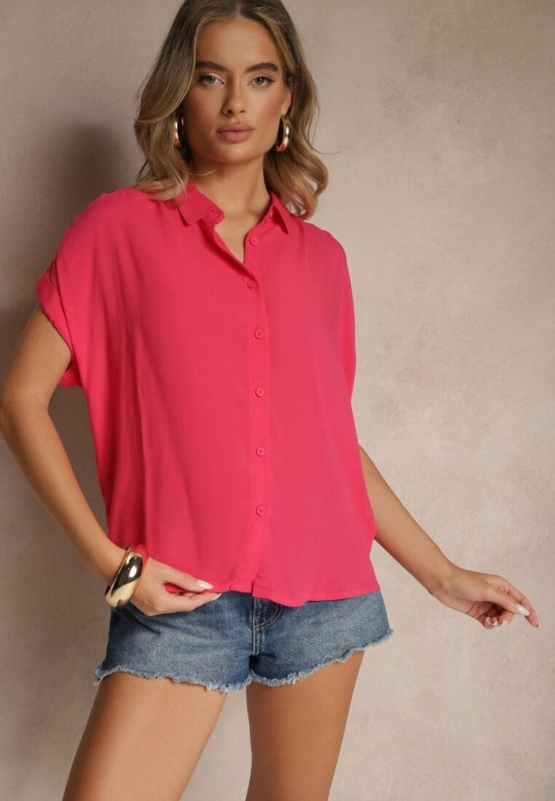 Różowa Koszula z Wiskozy Ozdobiona Podwinięciami Tilaruna