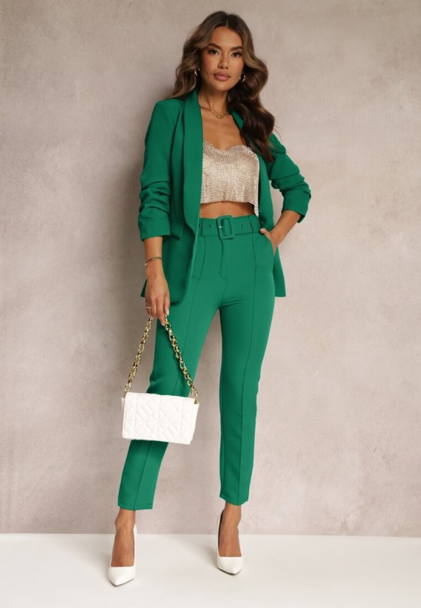 Zielona Gładka Marynarka z Rękawami 7/8 i Klapami Adylia