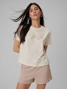 4F T-shirt boxy z nadrukiem damski - beżowy L