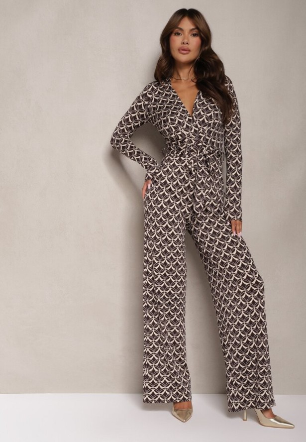 Brązowy Kombinezon z Mozaikowym Wzorem z Dekoltem w Serek i Paskiem Inafil