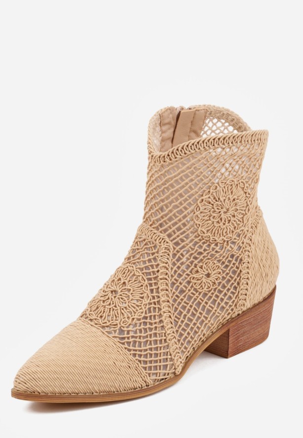 Ciemnobeżowe Ażurowe Botki Kowbojki VICES na Niskim Obcasie Azimessa