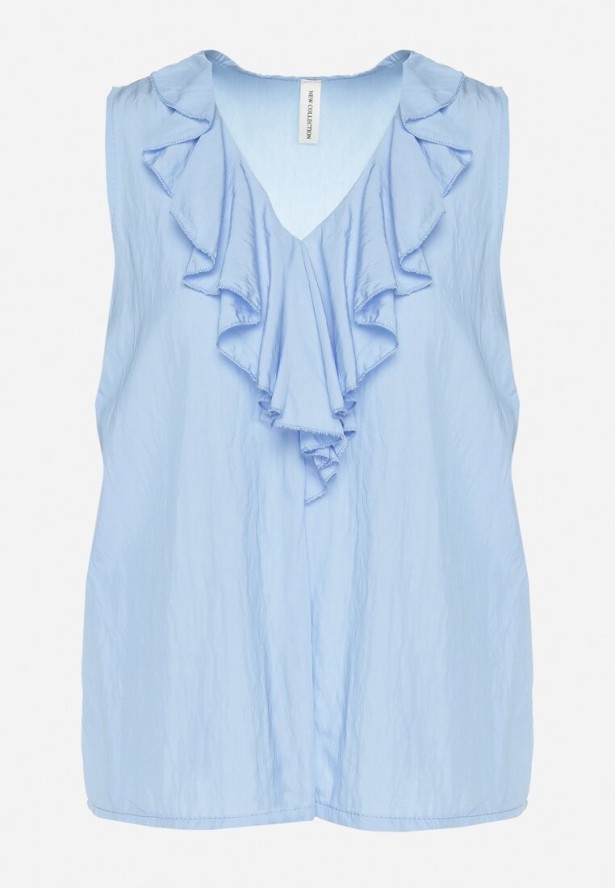 Niebieska Bluzka z Wiskozą Zdobiona Falbaną przy Dekolcie Palissea