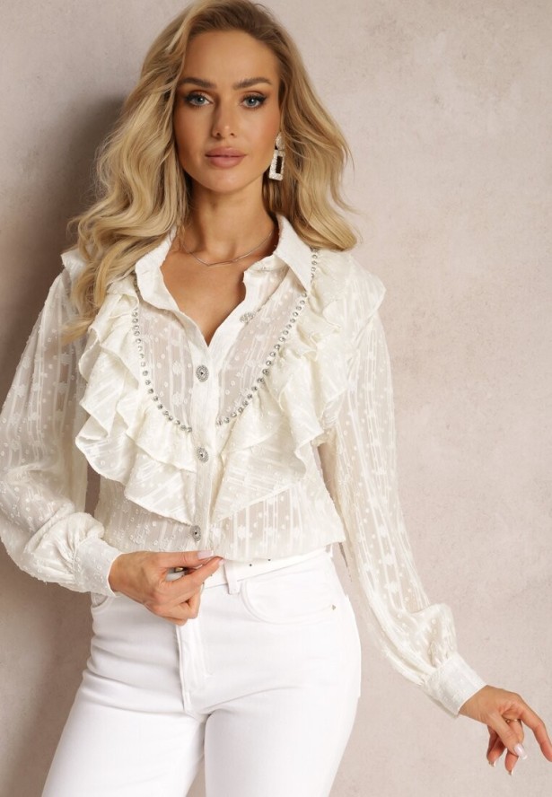 Jasnobeżowa Koszula Plumeti z Falbanką i Metaliczną Nitką Eutria