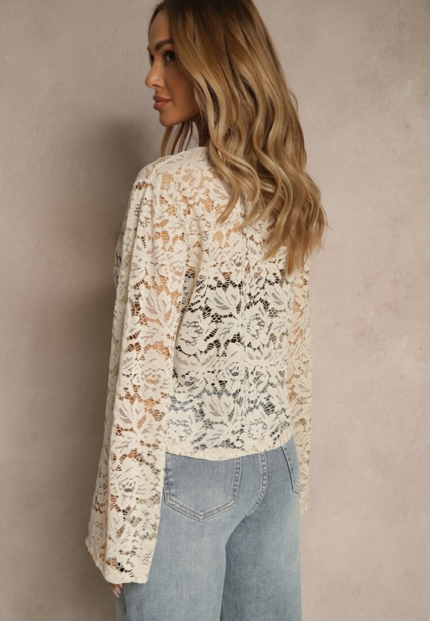 Beżowa Bluzka z Koronki z Wiskozą Wiązana pod Dekoltem Saniviel