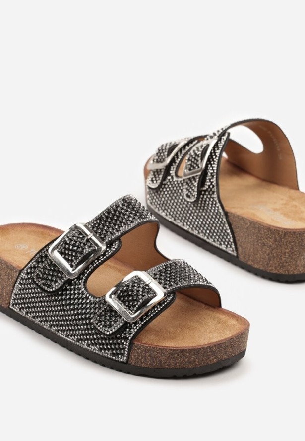 Czarne Klapki na Grubej Podeszwie z Korka z Cyrkoniową Cholewką Dralsedi