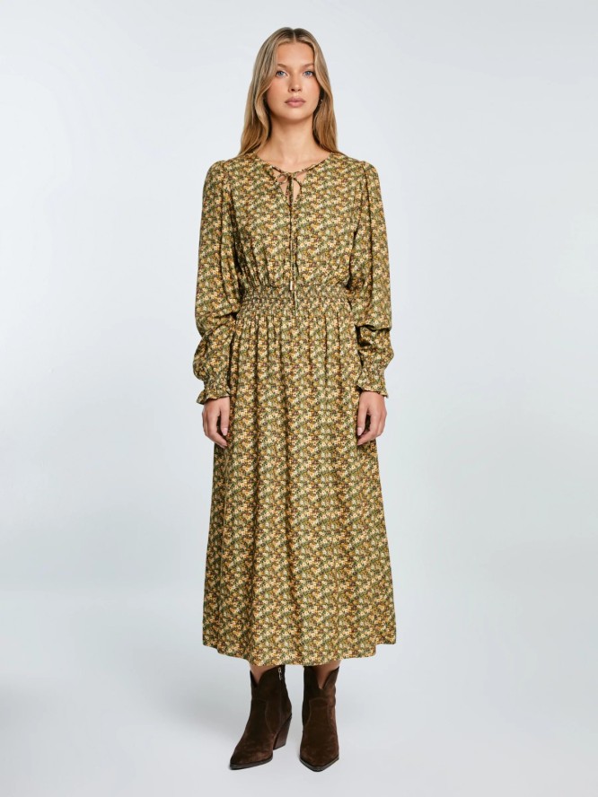 Sukienka damska midi z wiskozy z motywem kwiatowym żółta Londa 201