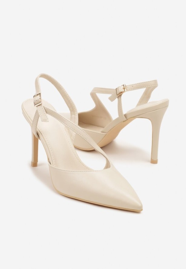 Jasnobeżowe Sandały Vices na Szpilce z Noskiem w Szpic i Skośnym Paskiem Nirare