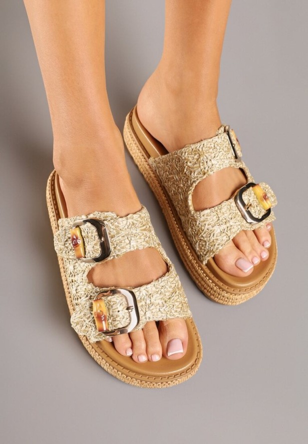 Beżowe Klapki na Platformie z Plecionki z Paskami z Klamrami Sonadwen