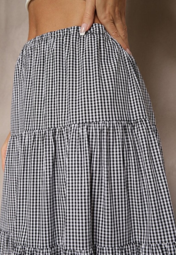 Czarno-Biała Spódnica w Kratkę z Bawełny o Rozkloszowanym Kroju Stemani