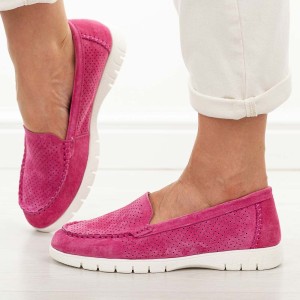 Fuksja ażurowe skórzane mokasyny damskie Vinceza 95360