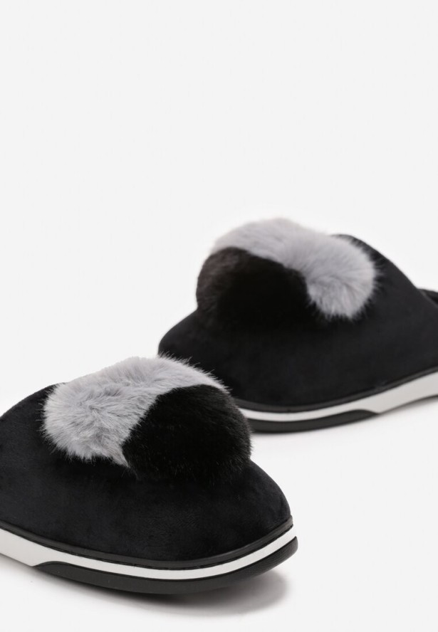 Czarne Kapcie z Pomponem w Kształcie Serduszka z Futerka Rafima