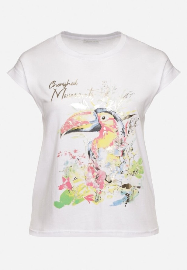 Biały T-shirt z Bawełny z Nadrukiem i Metalicznym Napisem Norsemi