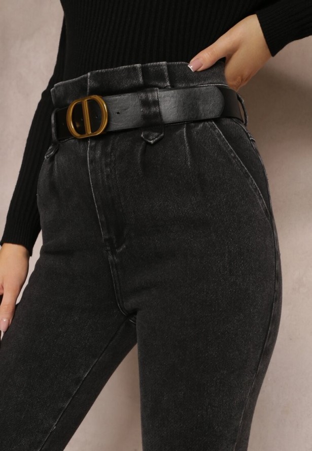 Czarne Jeansy Mom Fit z Paskiem Astera