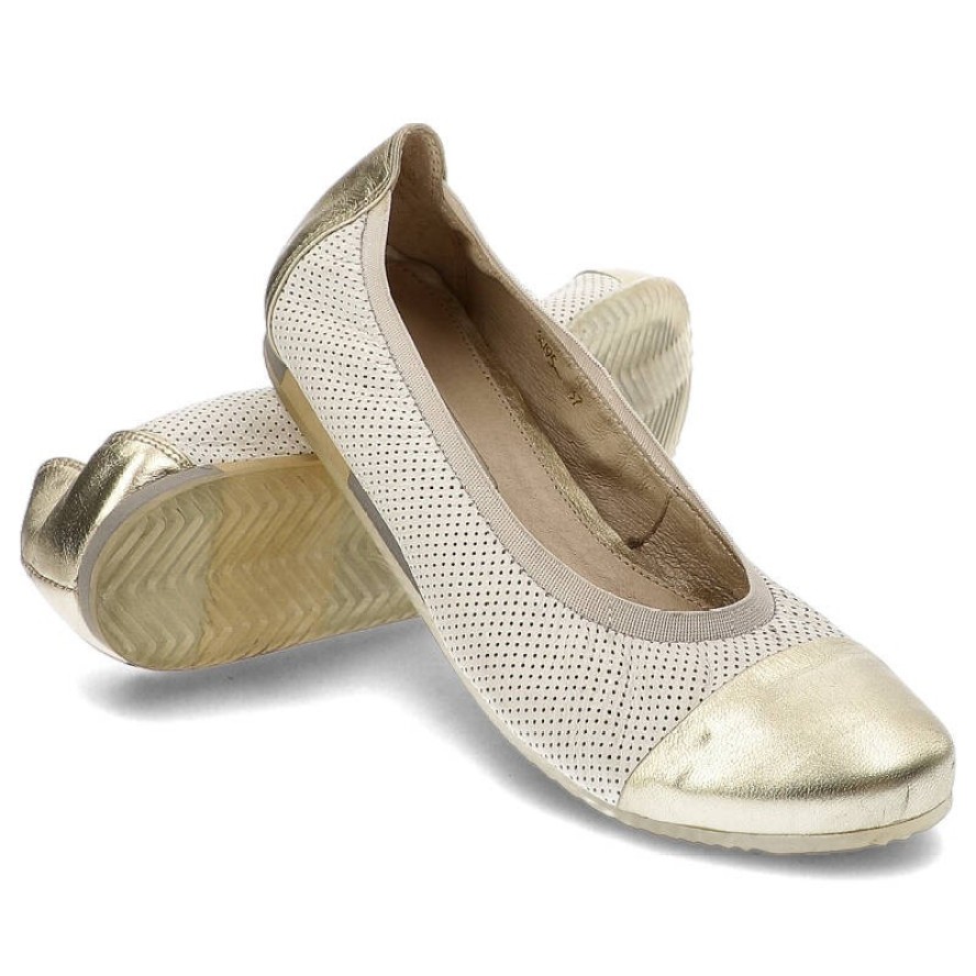 Baleriny damskie Libero, skóra naturalna ze złotym noskiem i płaska podeszwą, biało-złote, 5095