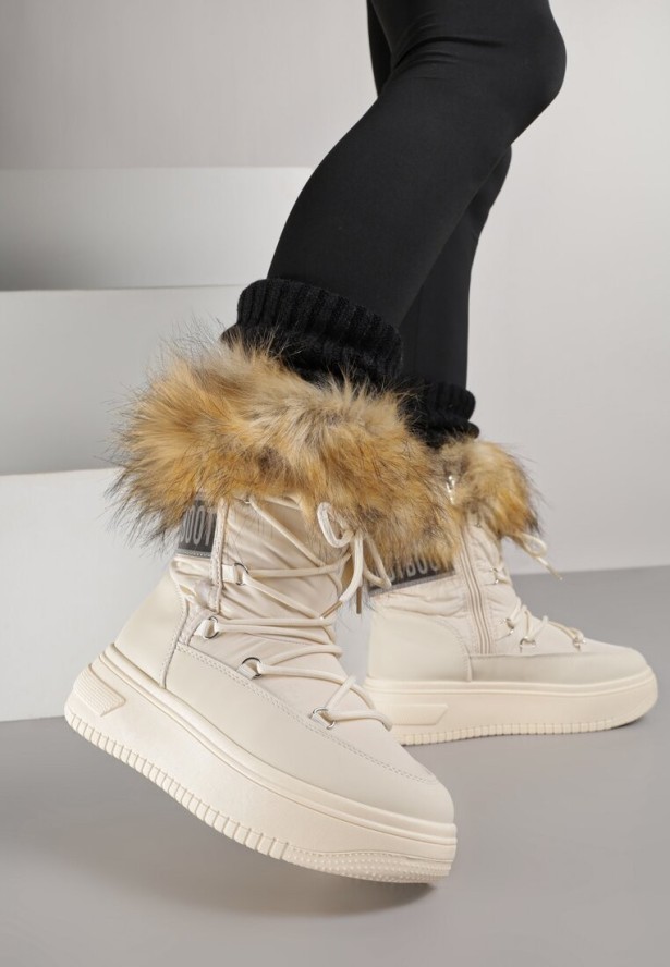 Beżowe Śniegowce na Platformie z Futerkiem i Wiązaniem Eudaim