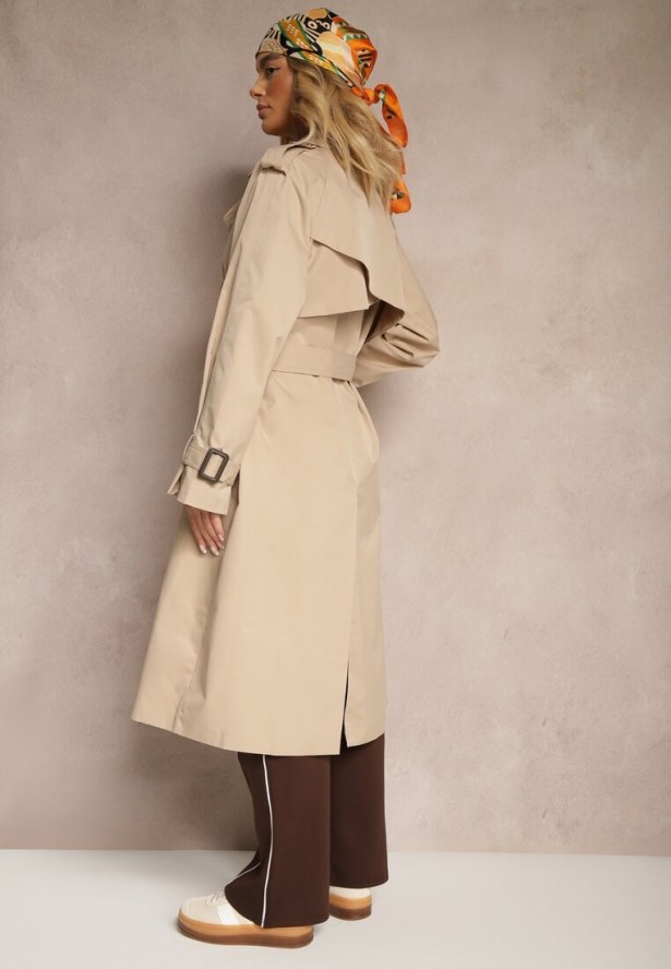 Beżowy Płaszcz Trencz Dwurzędowy z Paskiem Lene