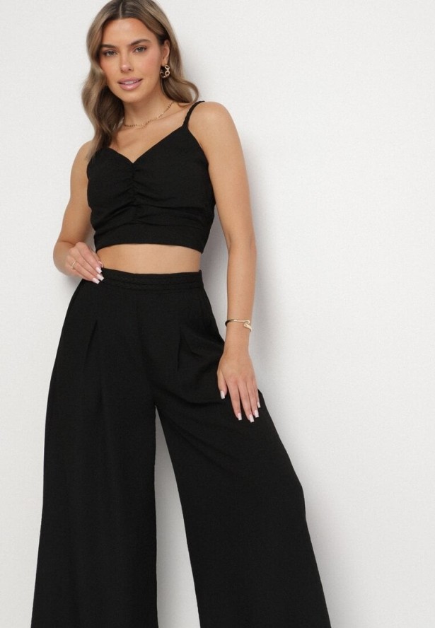Czarny Komplet z Wiskozą Top z Usztywnianymi Miseczkami i Szerokie Spodnie Lortebis