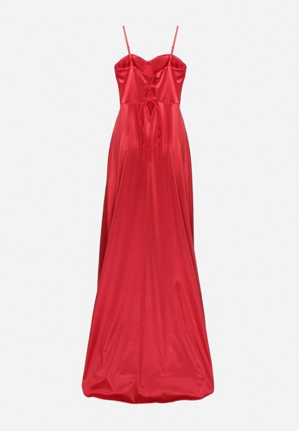 Czerwona Rozkloszowana Sukienka na Ramiączkach z Gorsetowym Wiązaniem Katilian