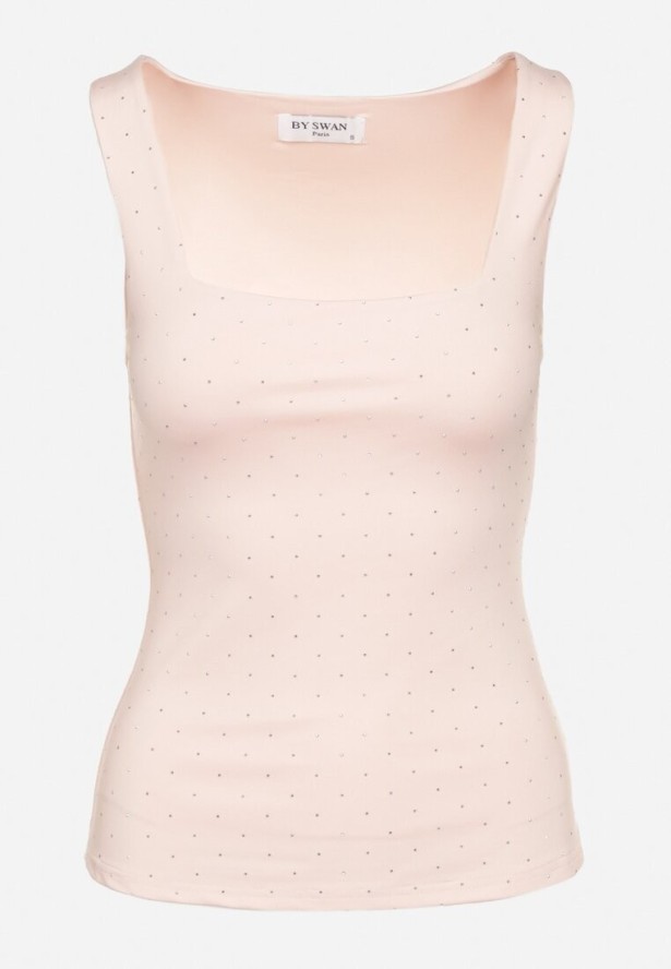 Różowy Dopasowany Top z Wiskozą o Kwadratowym Dekolcie Zdobiony Cyrkoniami Zindrina