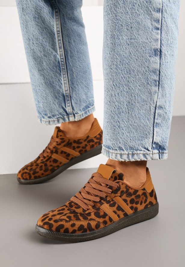Brązowe Casualowe Sneakersy z Ekozamszu w Panterkę na Płaskiej Podeszwie Pemeriana