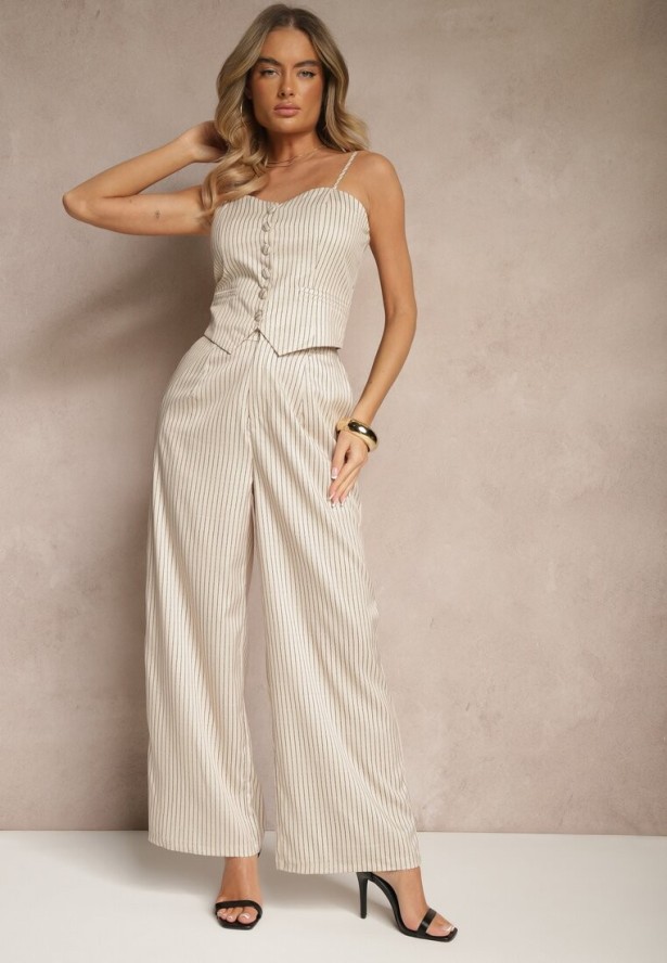 Beżowy Komplet z Wiskozy w Pionowe Prążki Top i Szerokie Spodnie Miltebia