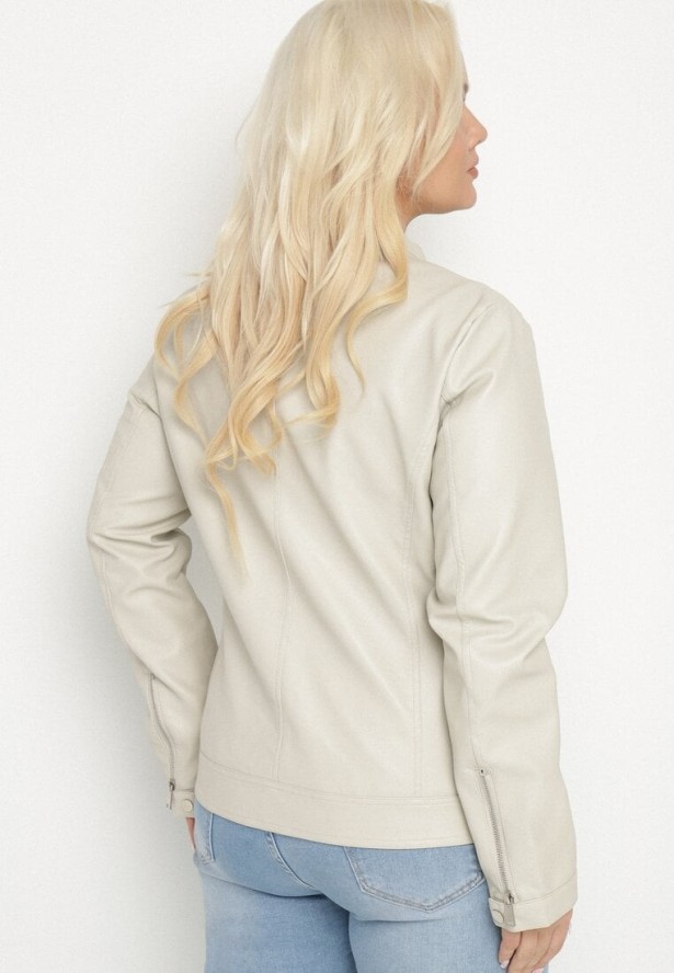 Jasnobeżowa Kurtka Ramoneska Bez Kołnierzyka z Suwakami na Rękawach Rilinne
