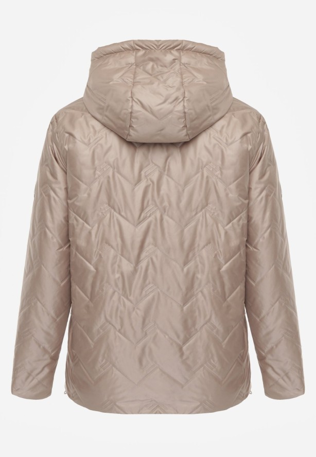 Ciemnobeżowa Pikowana Kurtka Przejściowa o Prostym Kroju z Kapturem Vimoris