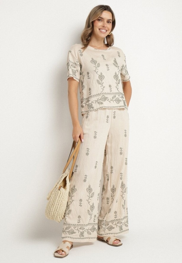 Beżowy Komplet z Wiskozy Zdobiony Haftem T-shirt i Szerokie Spodnie Tezonea