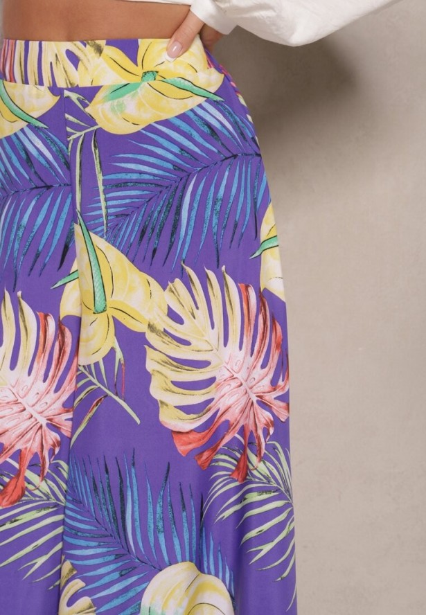 Niebieskie Spodnie z Wiskozy High Waist o Szerokim Kroju z Motywem Liści Senevira