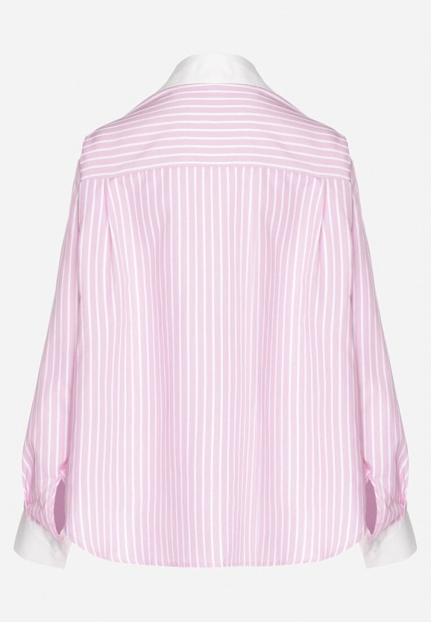 Różowa Koszula w Paski z Kontrastowymi Mankietami i Kołnierzykiem Zarona